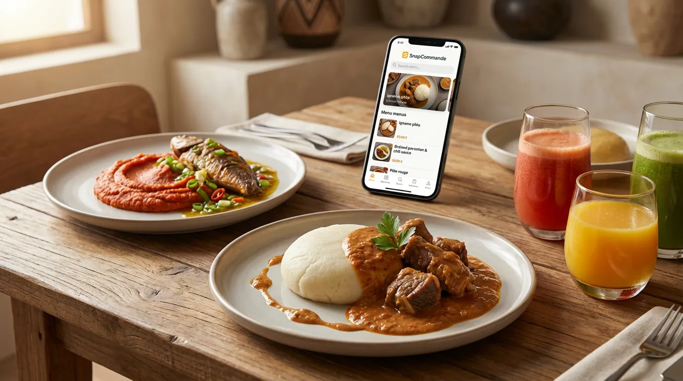 Interface SnapCommande avec plats africains et jus frais